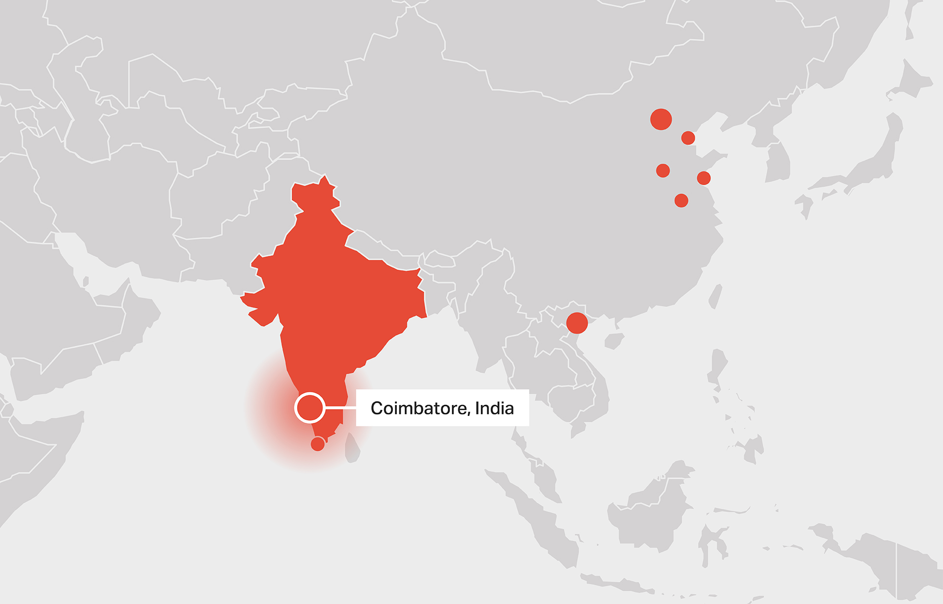 Map of Asia calling out EQI's offices in Coimbatore, India.